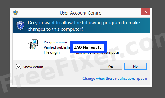 Screenshot where ZAO Nanosoft appears as the verified publisher in the UAC dialog